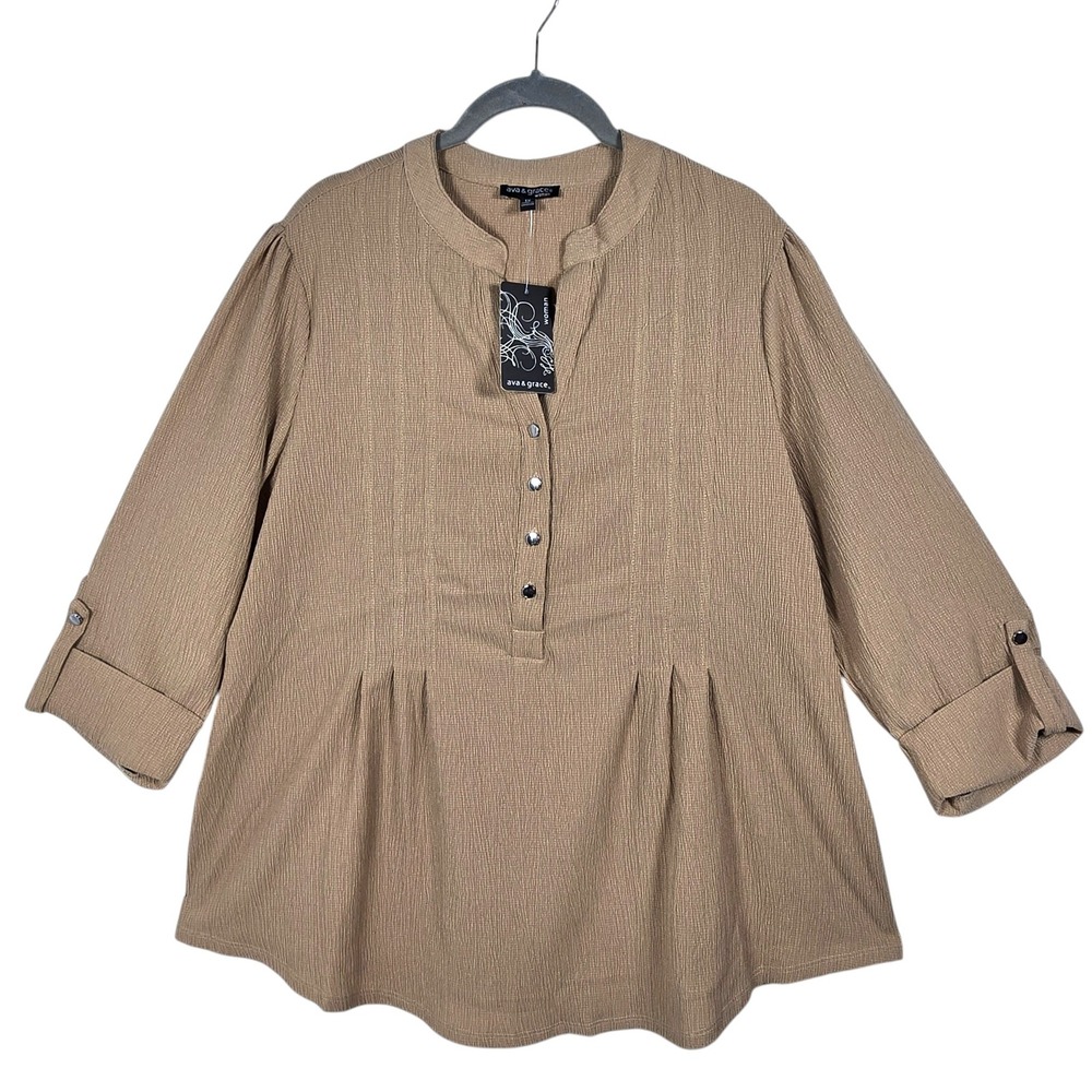 Ava & Grace Woman Tan Textured Roll Tab Sleeve Blouse Plus 1X Light Earthy NEW